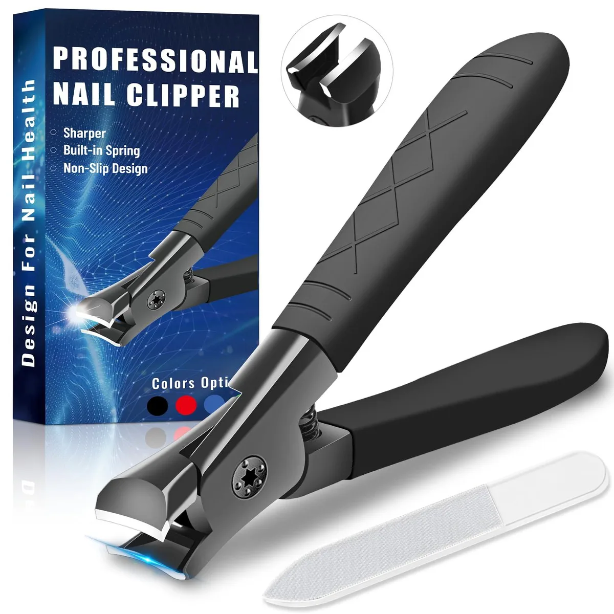 Black stainless steel nail clippers with curved blade, long textured handle and glass nail file