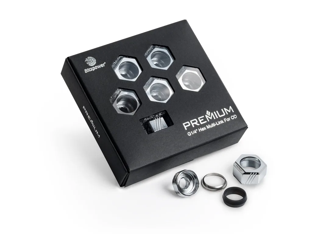 Bitspower Bitspower BPPRE-EMLH16-6P Multi-Link Coupling 16mm OD G1/4" Silver 6-pack — product photo