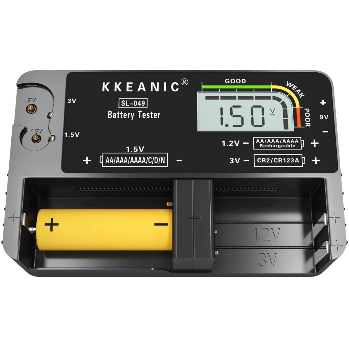 Compact rectangular battery tester with LCD screen and multiple battery slots, dark plastic finish