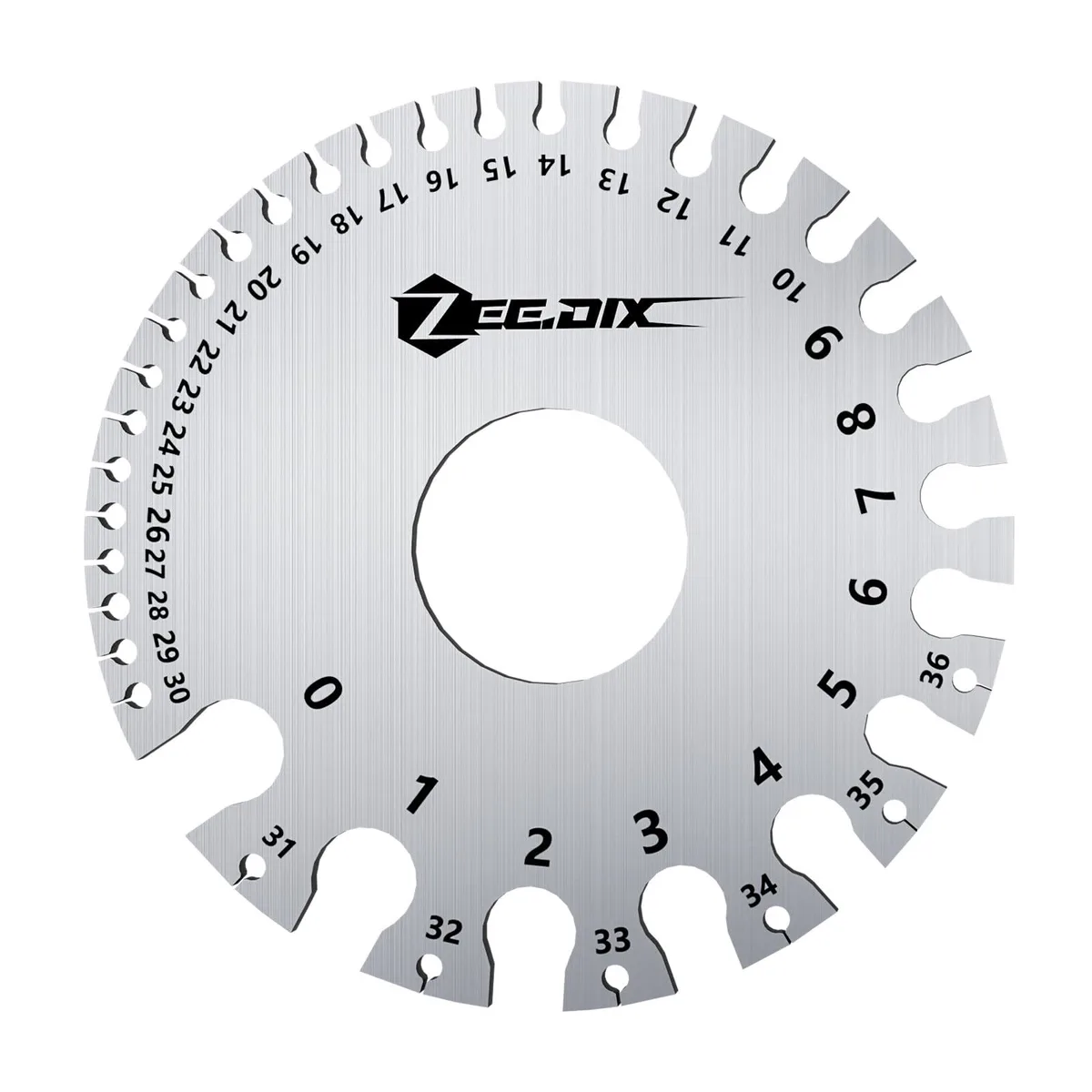 Stainless steel dual-sided round wire gauge, 8.5 cm diameter, scale 0-36 SWG