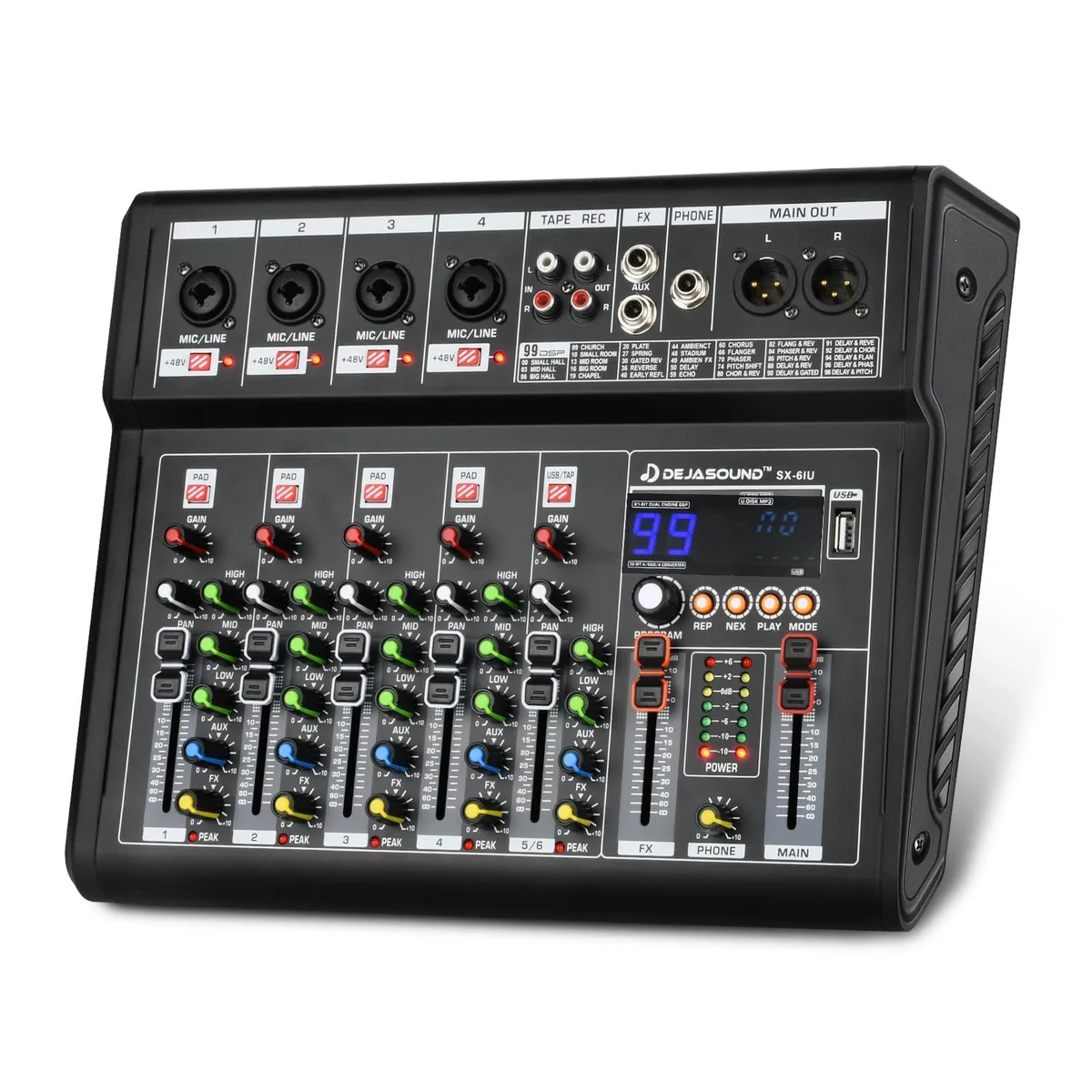 Dejasound SX-6iu 6-Channel Audio Mixer with XLR, Bluetooth, 99 DSP Effects — product photo