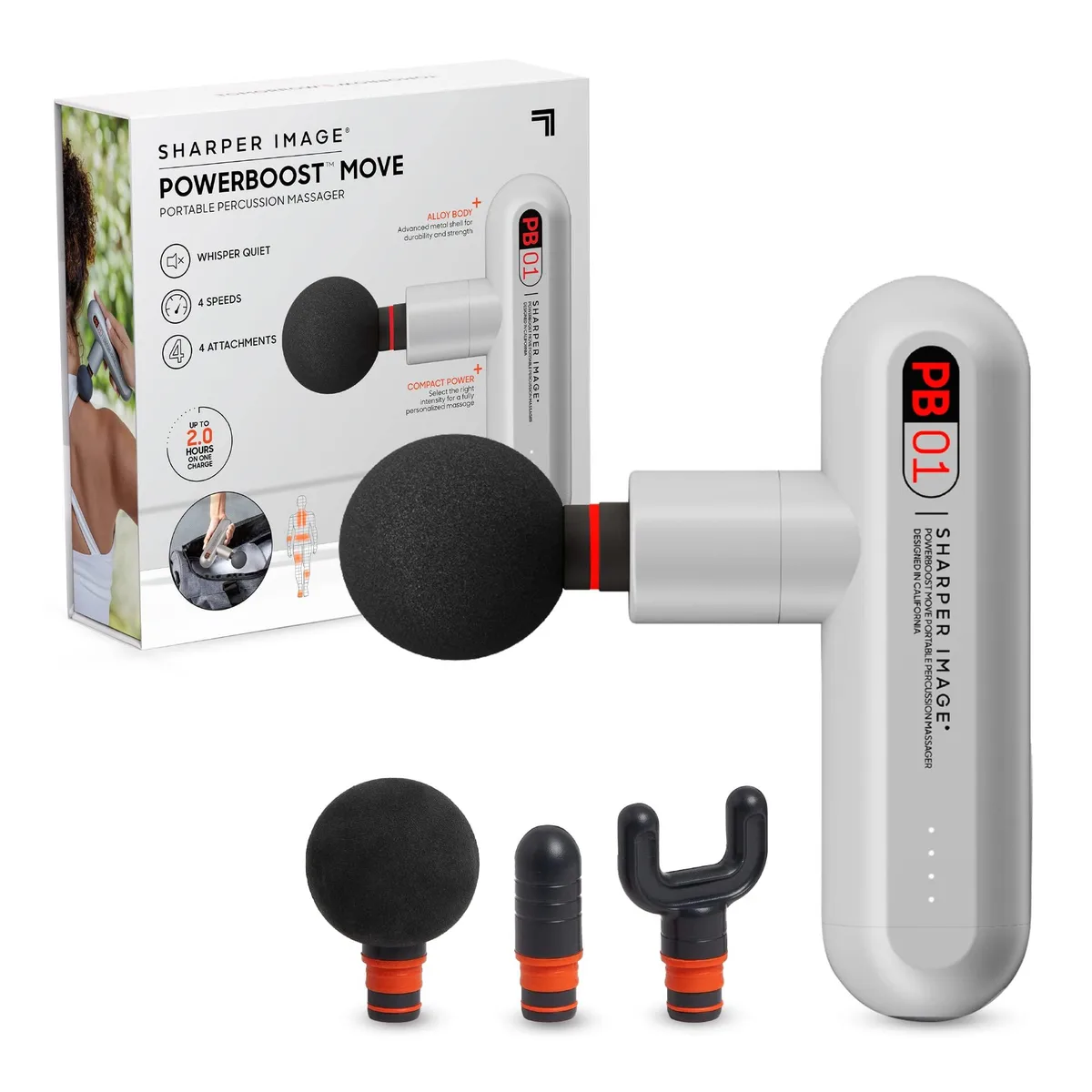 Platinum metal mini massage gun, compact cylinder with four attachment heads visible