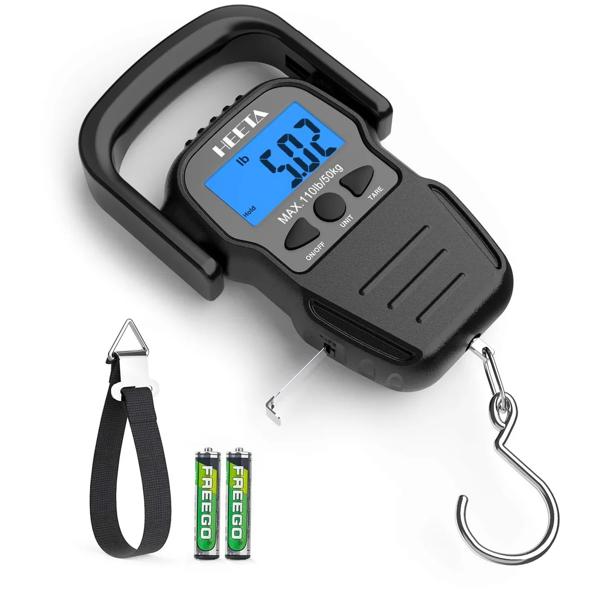 Yellow plastic digital hanging scale with backlit LCD display, stainless steel hook and nylon strap