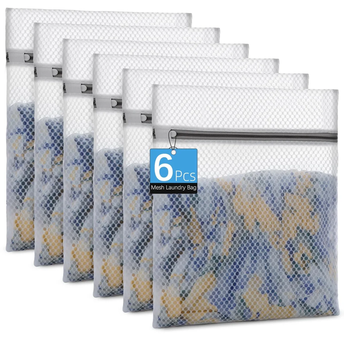 Six beige honeycomb mesh laundry bags with zipper closures, 12 by 16 inches