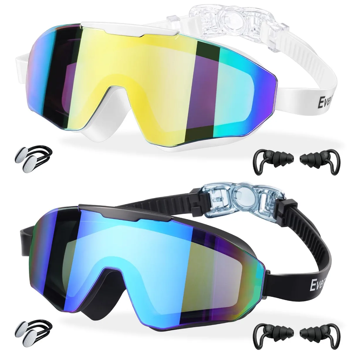 Two blue frameless swim goggles with silicone seals and wide lenses