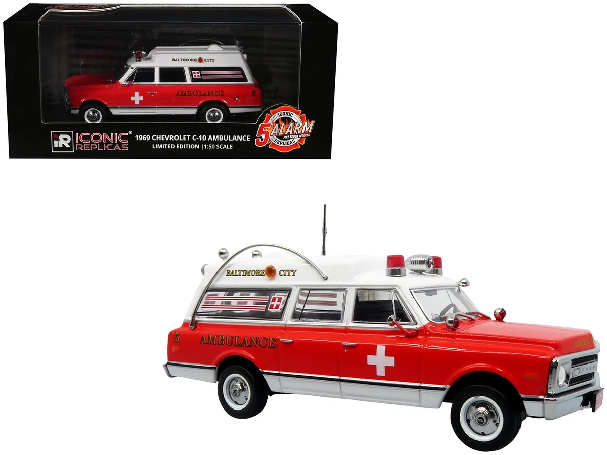 Iconic Replicas Iconic Replicas 1969 Chevrolet C-10 Ambulance Baltimore City Fire Department 5 Alarm 1/50 Diecast — product photo
