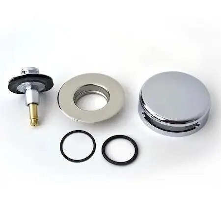 Chrome-finish lift-turn bath stopper with snap-on overflow plate