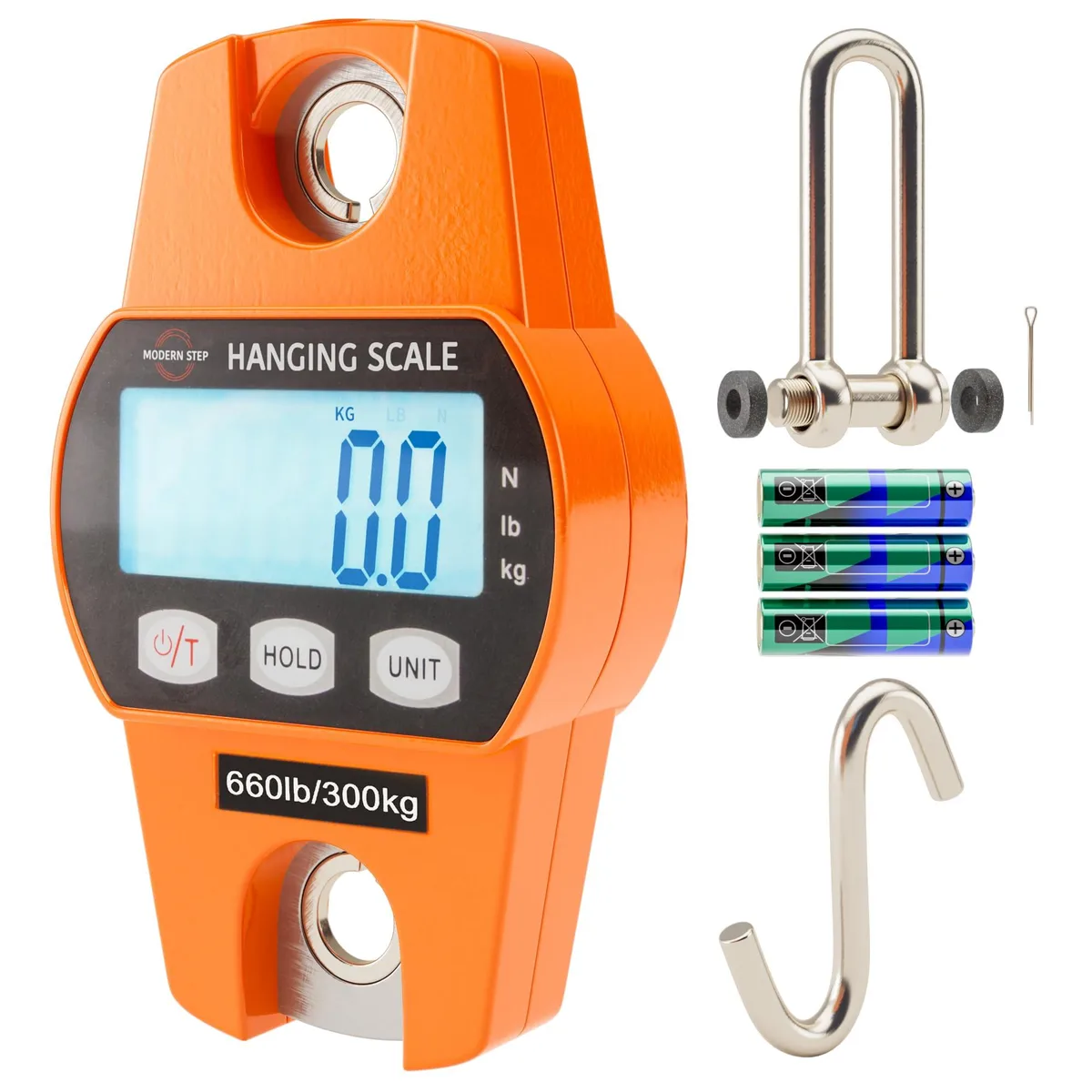 Orange digital hanging scale with stainless hook and shackle, large LCD display, five units