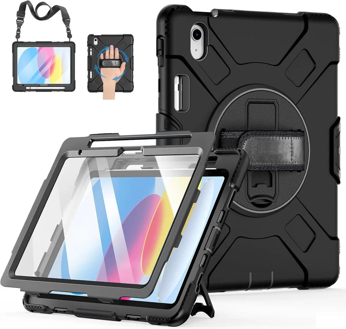 BONAEVER BONAEVER A3354 iPad 10/11 10.9/11 case black 360 stand straps — product photo