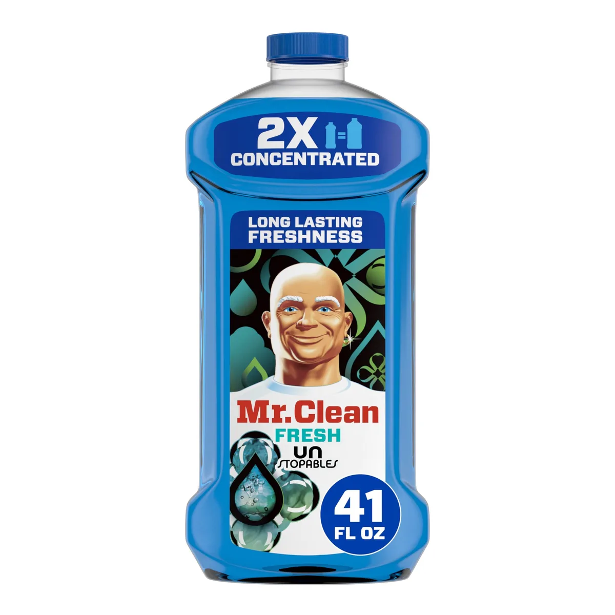 White plastic bottle with blue label and green cap, 41 fl oz multi-surface cleaner