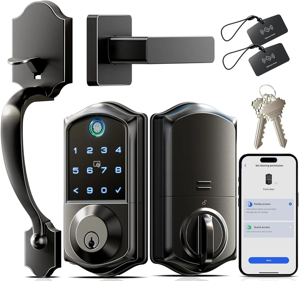 Matte black smart deadbolt with handle, fingerprint sensor, touchscreen keypad and emergency power port