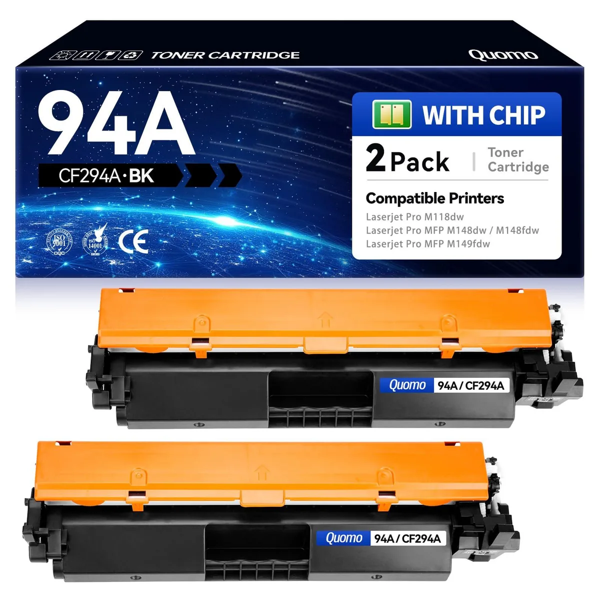 Two black Quomo 94A toner cartridges in individual boxes