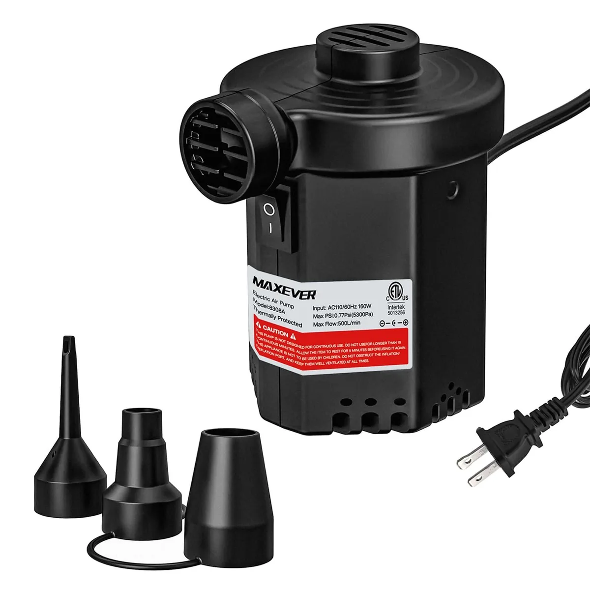 Twelve compact white plastic electric air pumps with nozzle attachments
