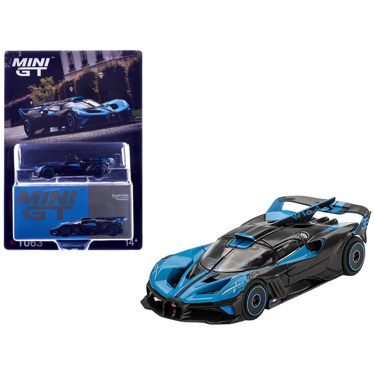 True True Bugatti Bolide Presentation Blue Carbon Fiber 1/64 Diecast — product photo