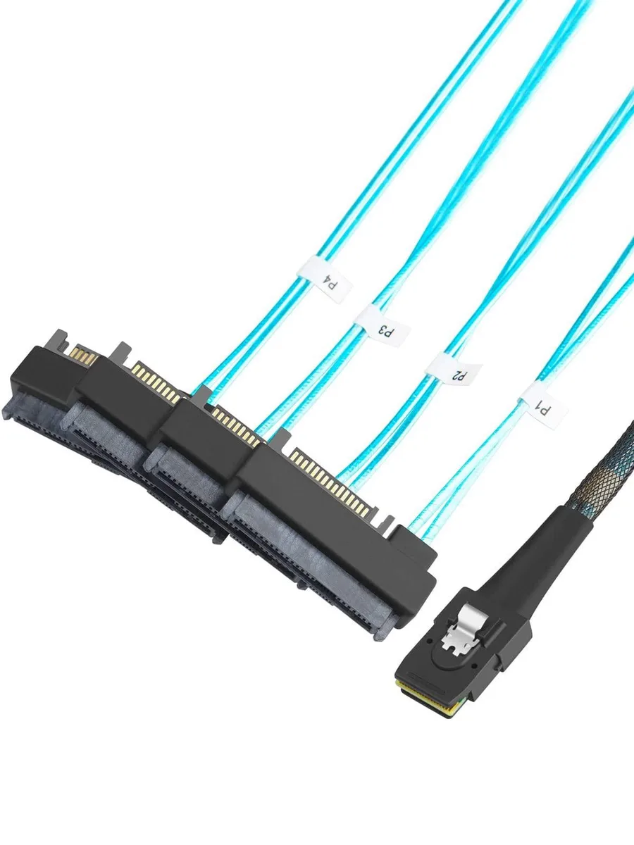 Black Mini SAS 36-pin SFF-8087 to four SFF-8482 connectors with SATA power, 3.3 ft