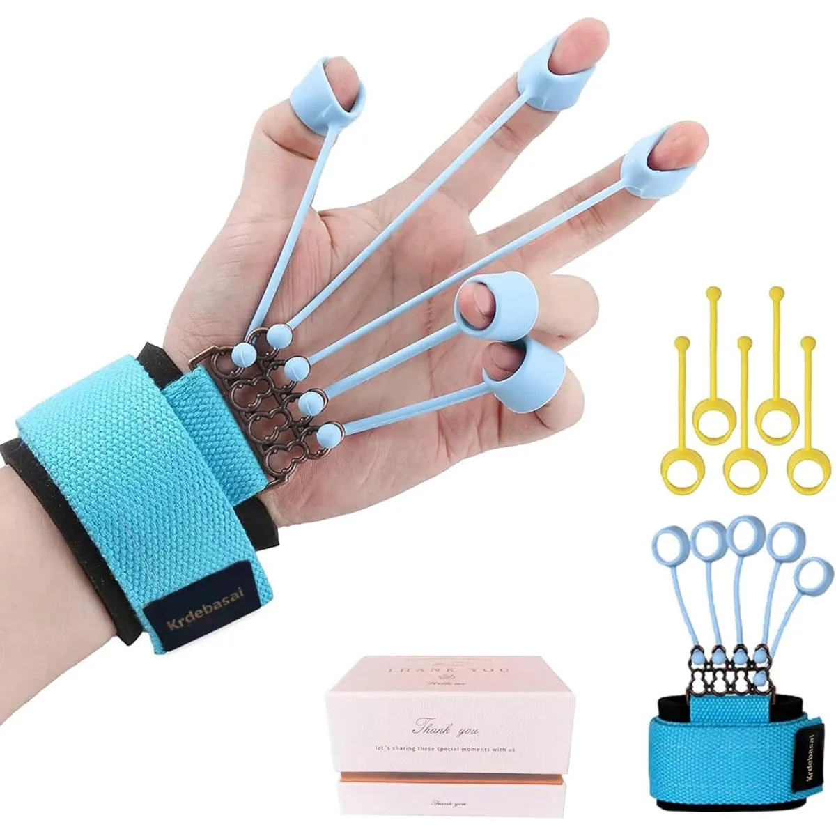 Multi-coloured silicone finger strengthener kit with 10LB and 40LB resistance bands