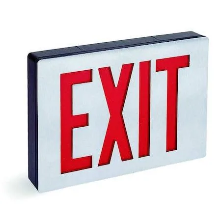 Black aluminium exit sign with two red LED faces and universal chevrons