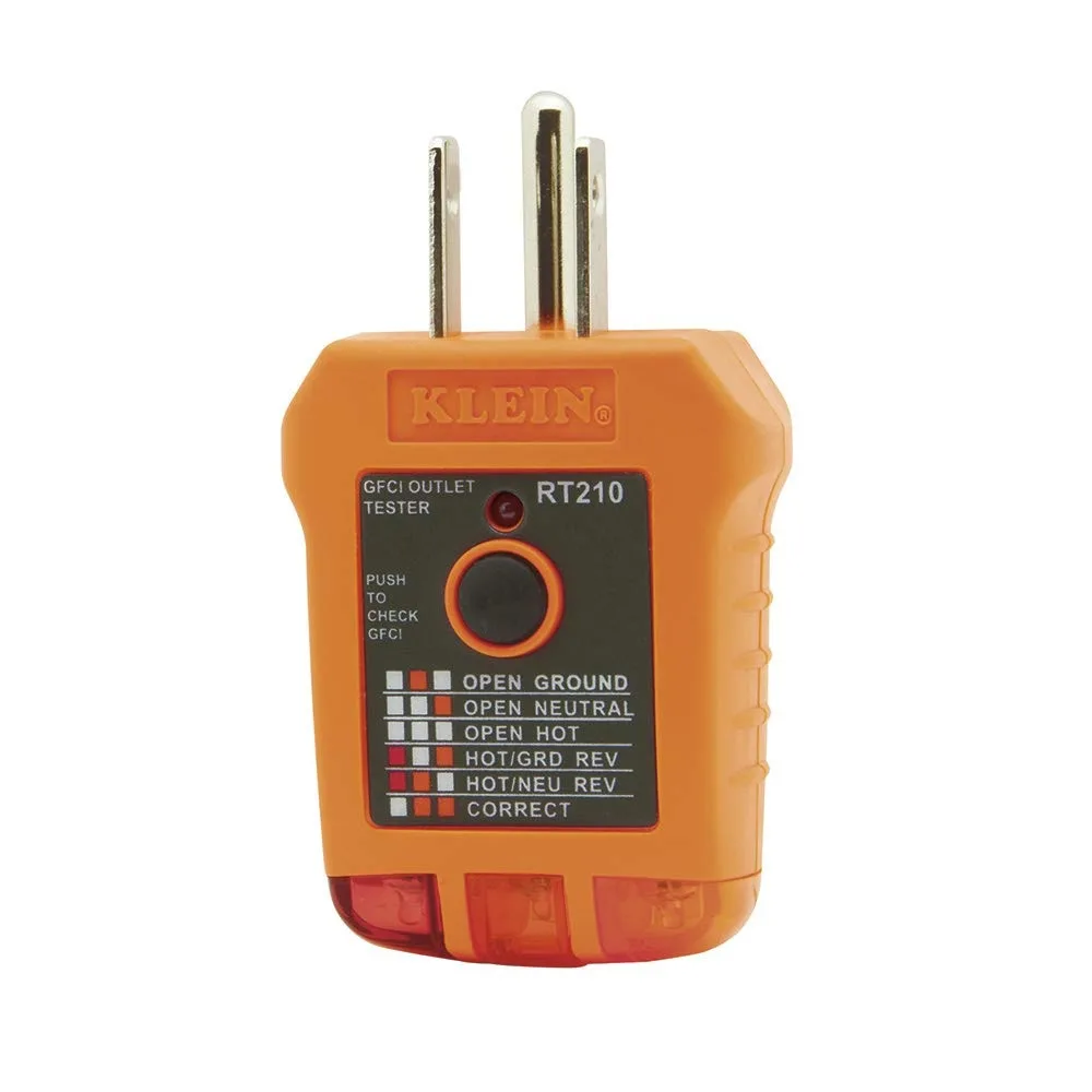 Compact yellow plastic outlet tester with three indicator lights and North American plug prongs