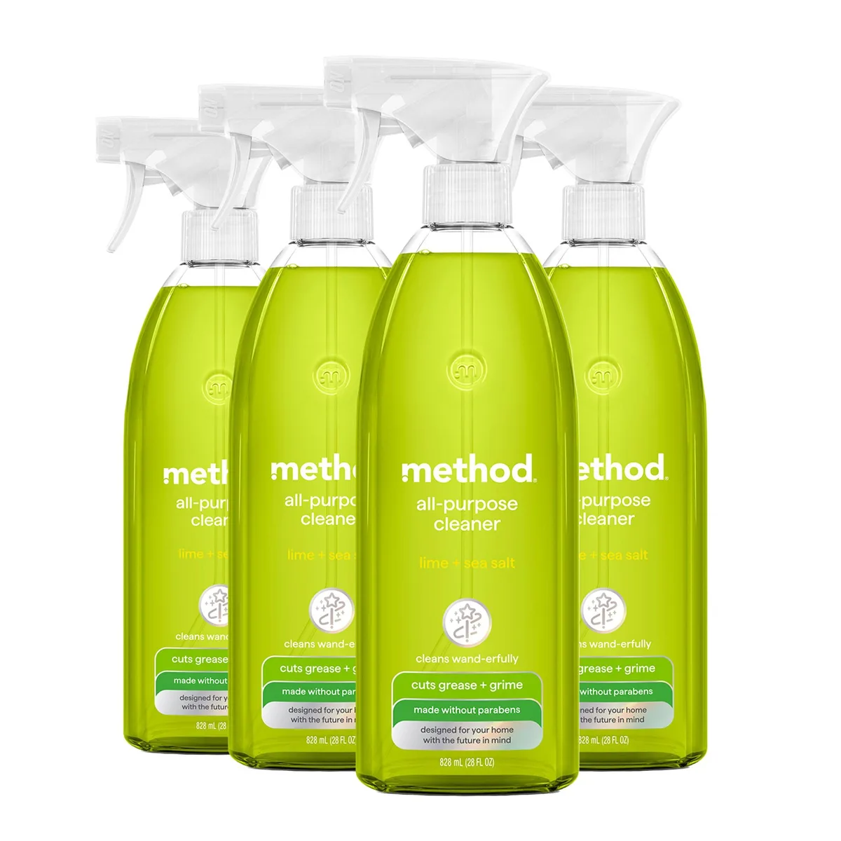 Four white spray bottles with green triggers in a pack