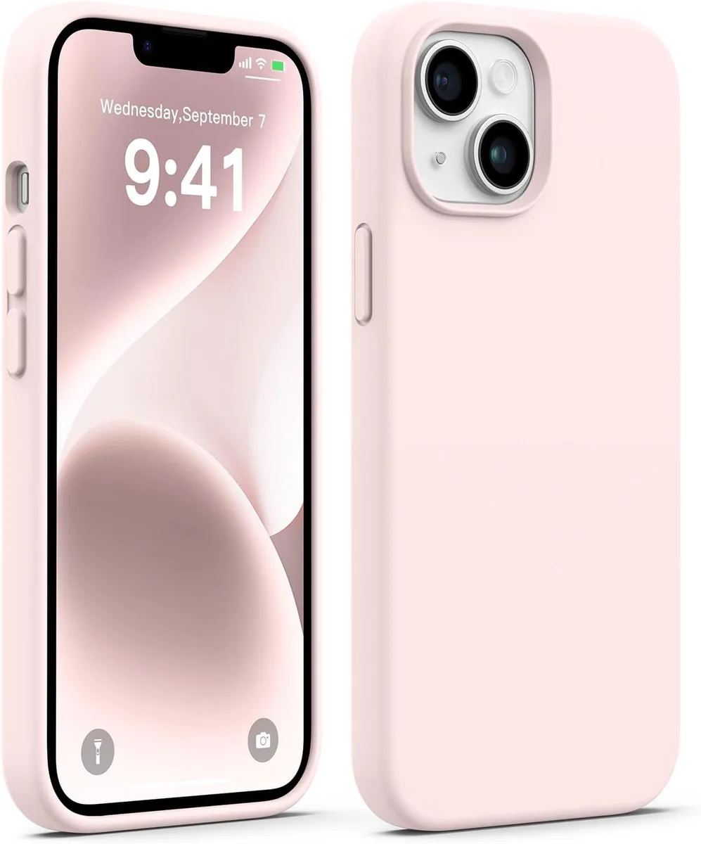 Chalk pink silicone case for iPhone 14 with microfiber lining