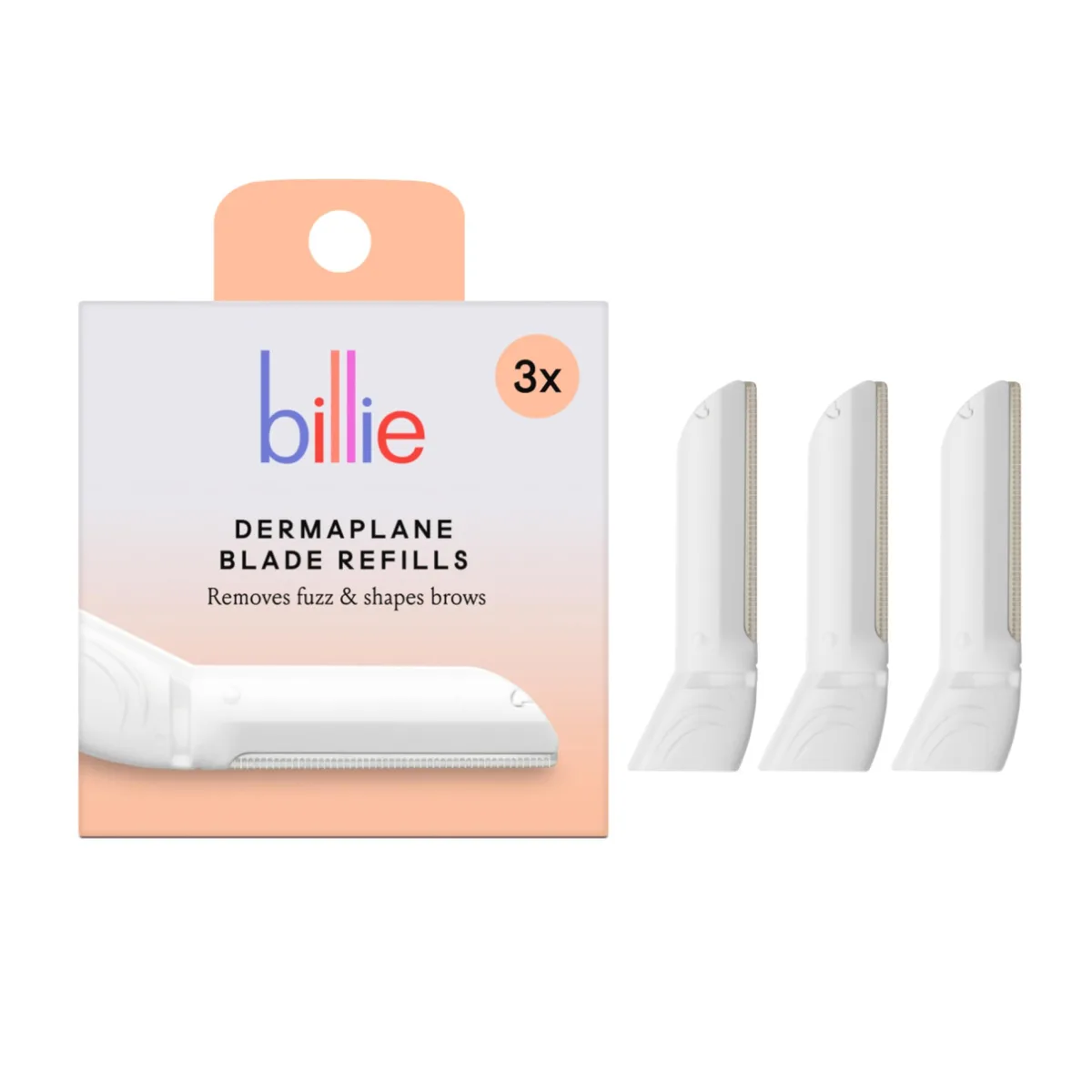 Three white dermaplaning blade refills in clear packaging