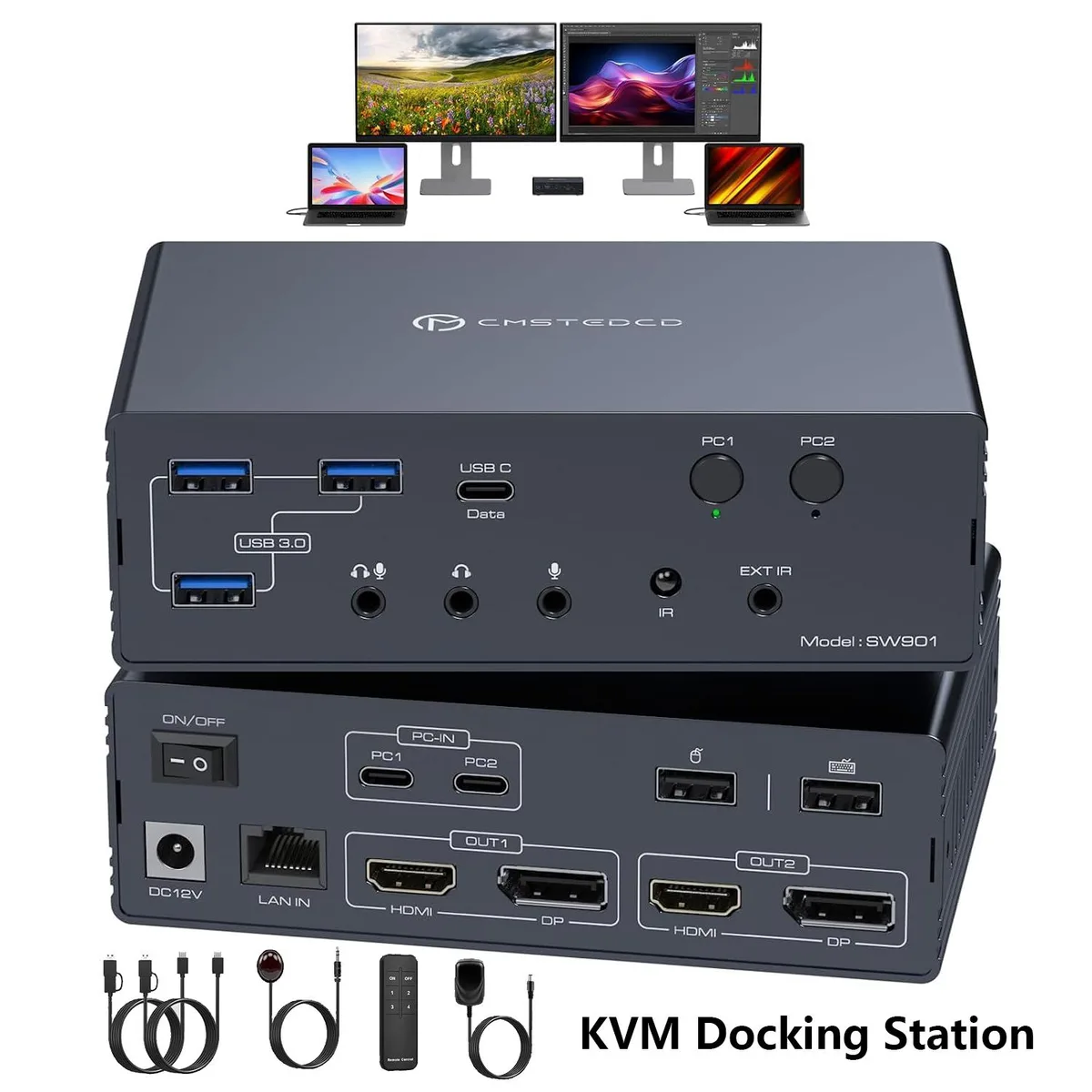 AUTYUE AUTYUE SW901 KVM Switch 2 Monitors 2 Computers 16-in-2 Docking Station 4K@60Hz — product photo
