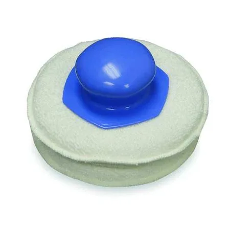 Two round blue and white microfiber applicator pads with handles