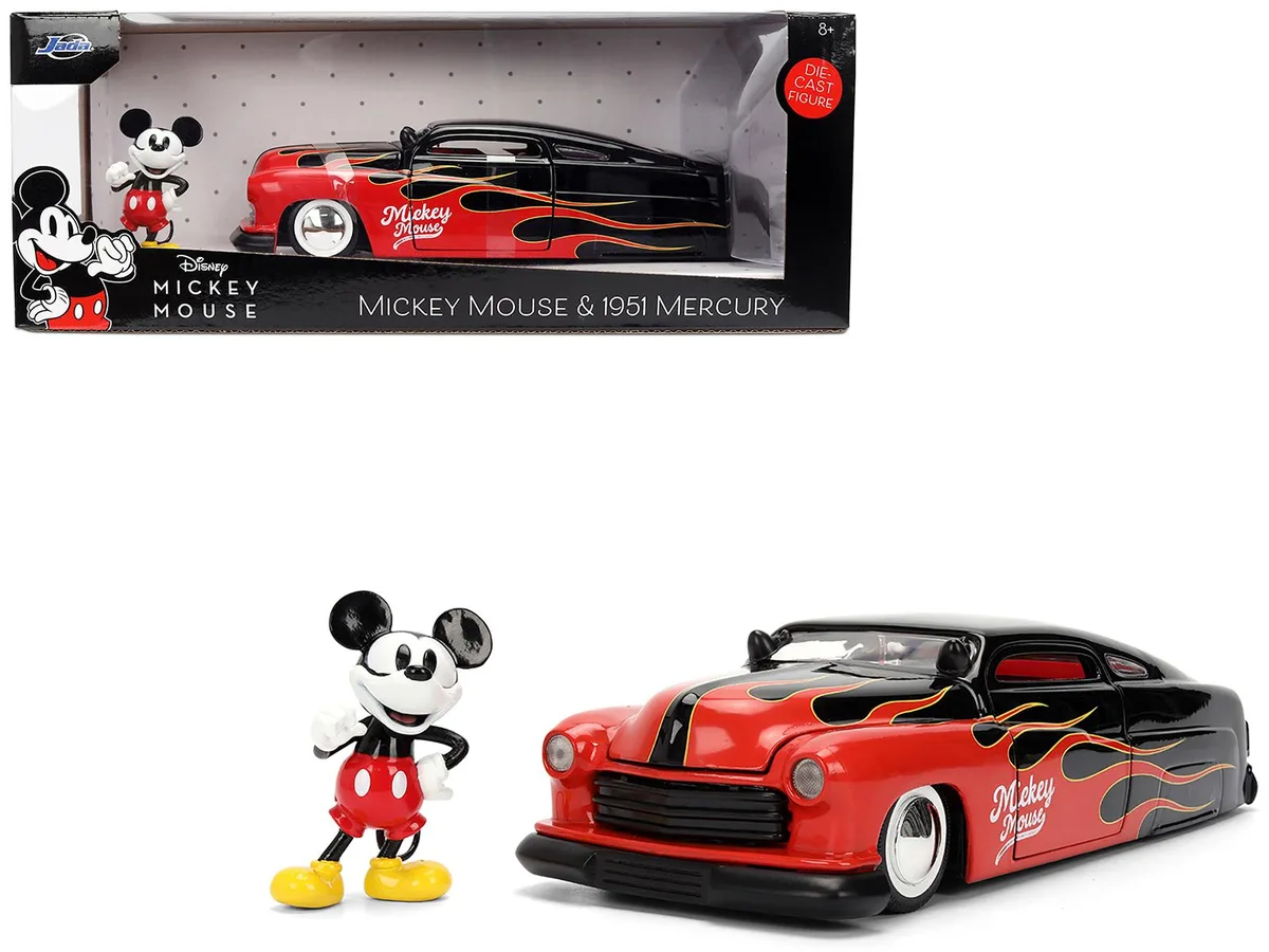 Jada Jada 1951 Mercury Coupe 1/24 Diecast Black Flame Red Interior Mickey Mouse Figure — product photo