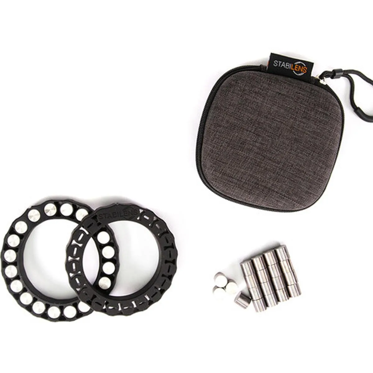 StabiLens Cinematographer Kit in hard case with gimbal rings, counterweights and quick clamp