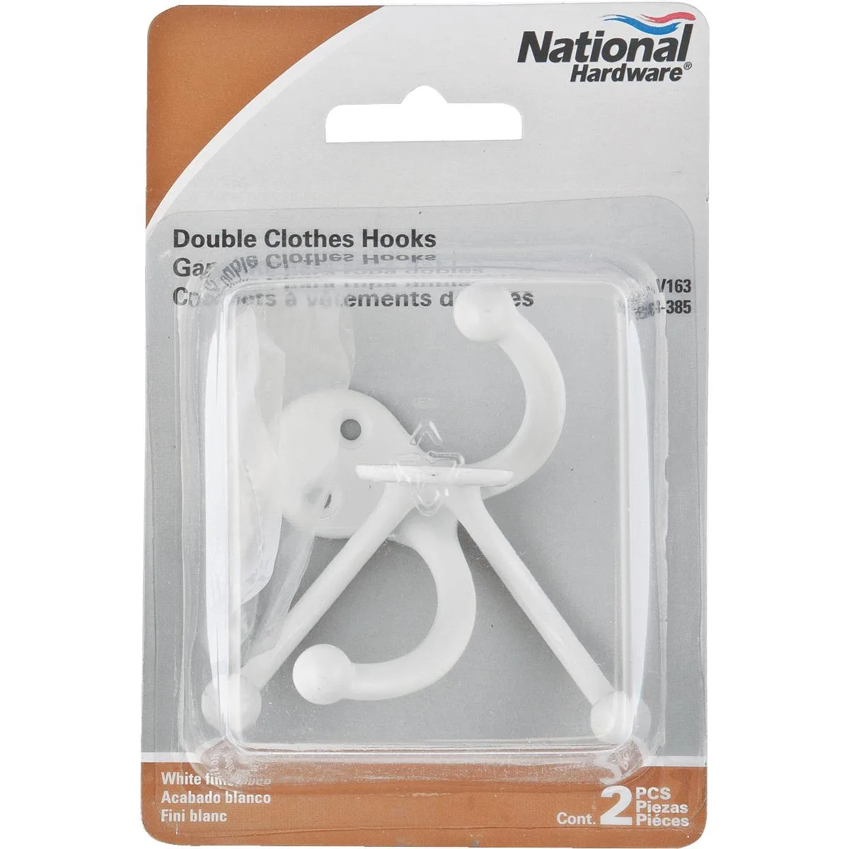 Two white zinc die-cast double clothes hooks with decorative ball tips, 1.74 by 2.50 inches, projection 1.75 inches