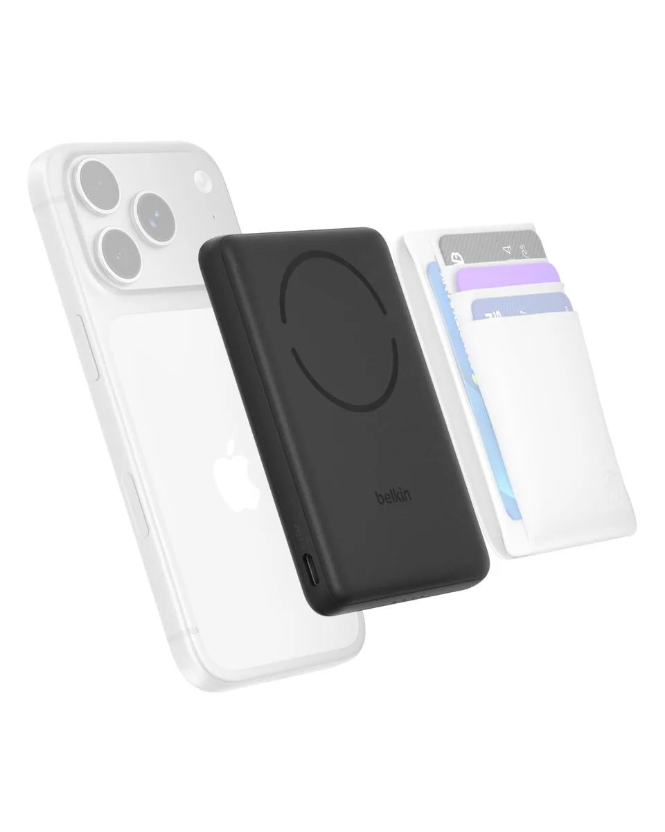 Slim black power bank, 3.99 by 2.79 by .41 inches, USB C ports, magnetic back
