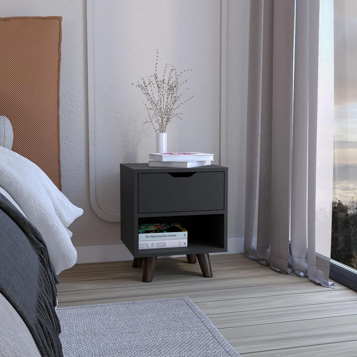 tuphen tuphen Crail Nightstand Black Engineered Wood 1 Drawer 1 Open Shelf Wooden Legs — product photo