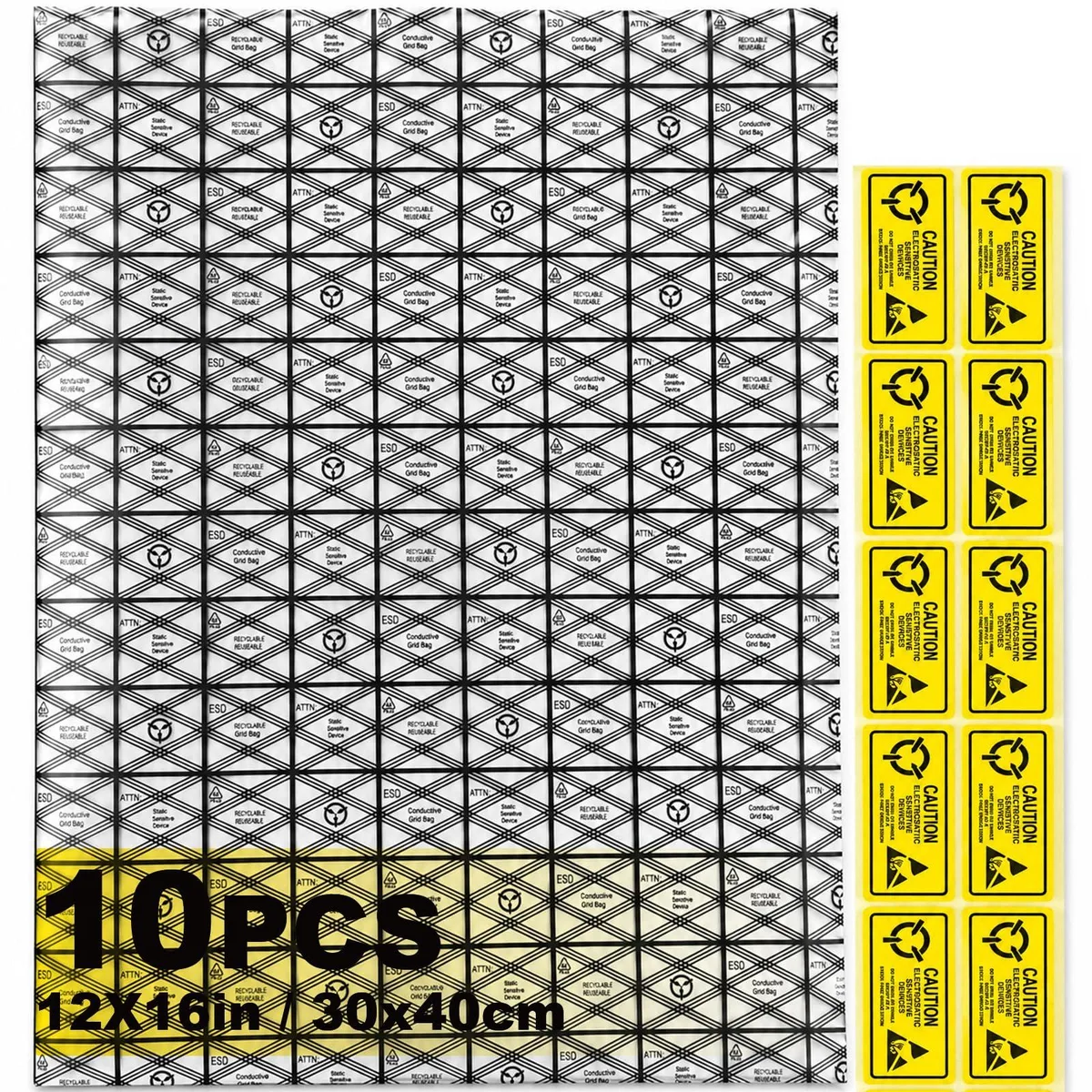 Ten beige semi-transparent antistatic bags with warning labels