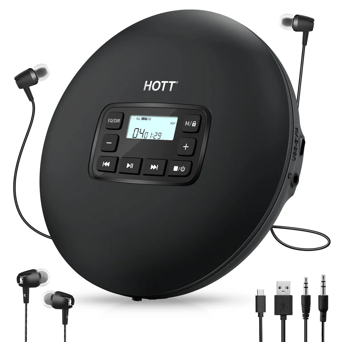  HOTT CD204 Portable CD Player Black 3.5mm AUX 45s Anti-Shock — product photo