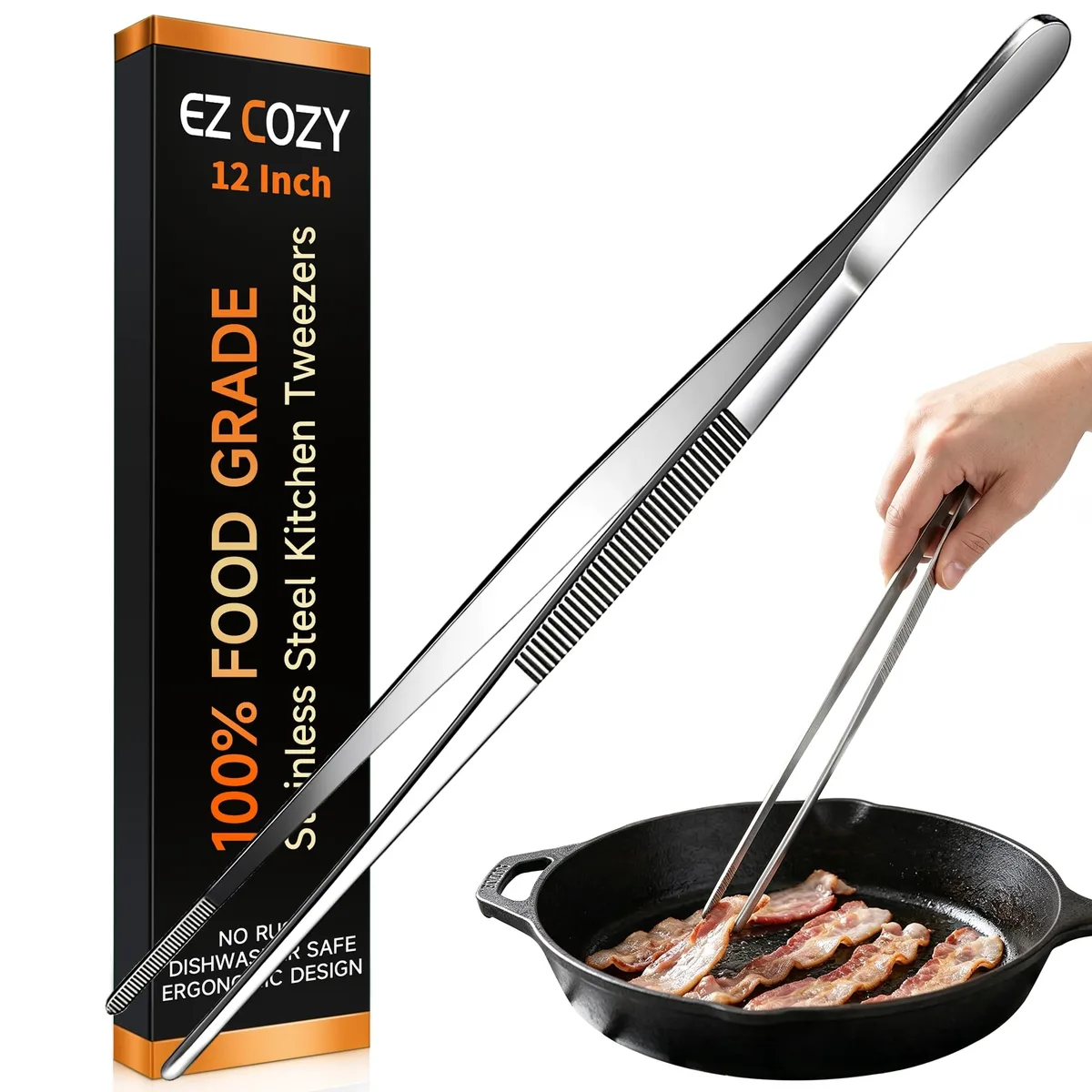 12-inch stainless steel kitchen tweezers with brushed finish and serrated tips