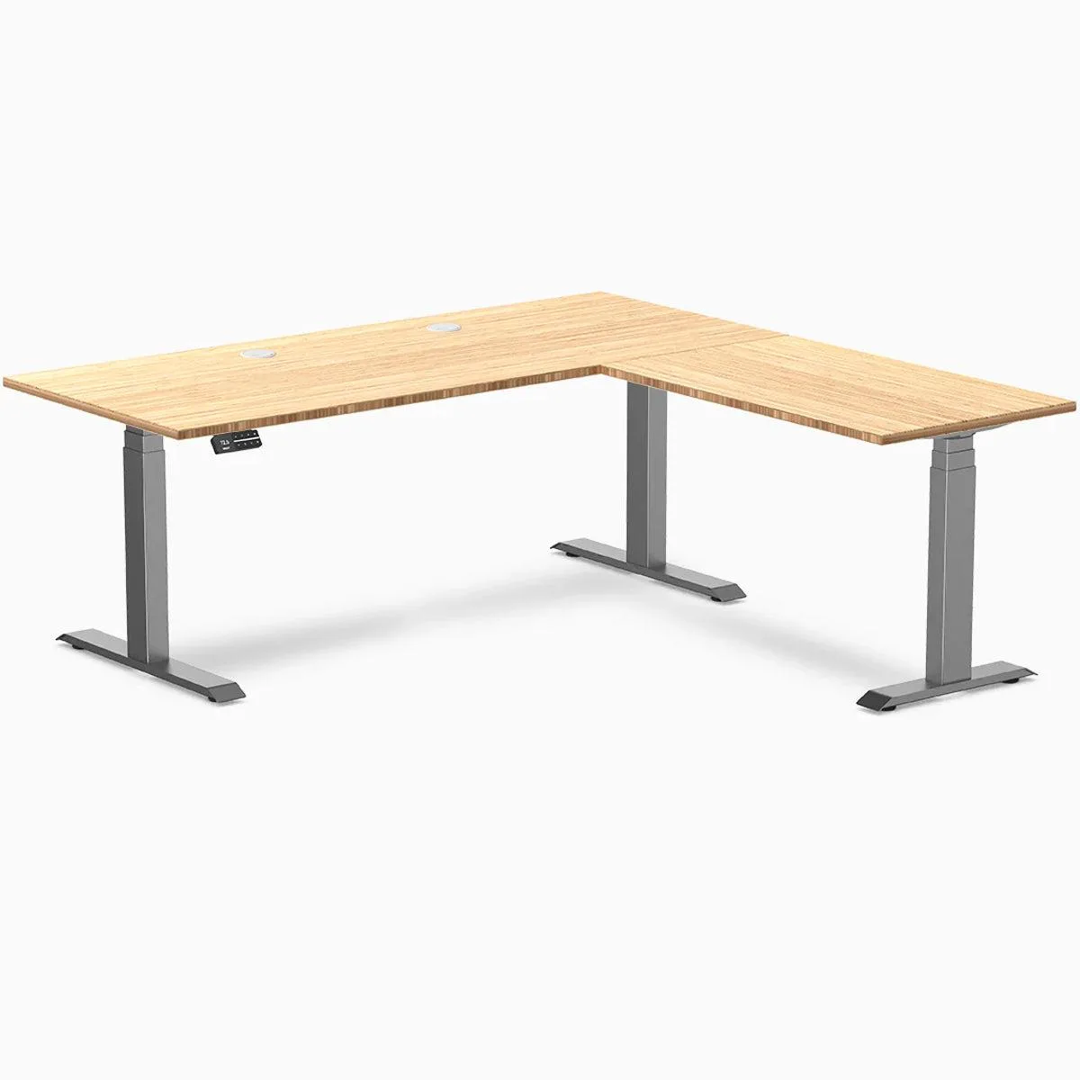 Desky Desky Bamboo L-Shape Sit Stand Desk 72 x 30 x 70 x 24 in Space Gray office furniture — product photo