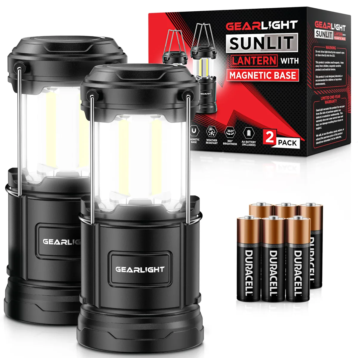 Two black cylindrical LED lanterns with magnetic bases and foldable hooks