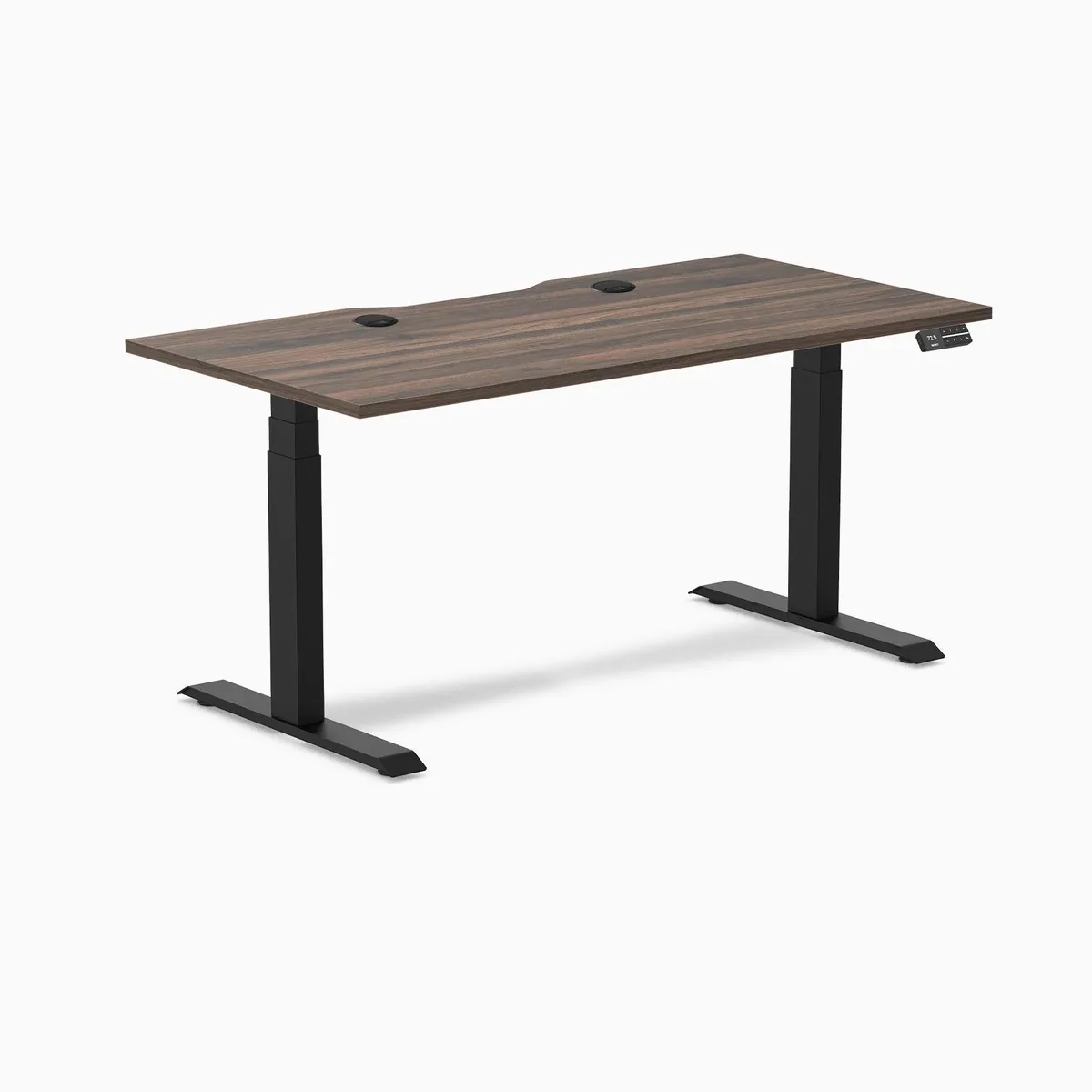 Desky Desky Dual Scalloped Laminate Sit Stand Desk Jarrah Legno Matte Black 59.1 x 29.5 in with Grommets — product photo