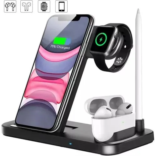 Black rectangular wireless charging station with multiple docks for phone watch earbuds and pencil