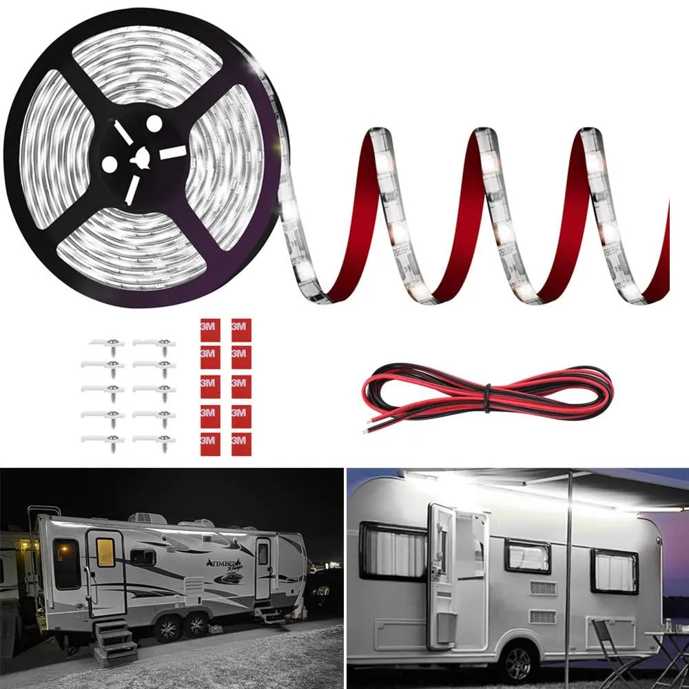 White LED strip light kit coiled in a box with clips, adhesive tabs and extension cable
