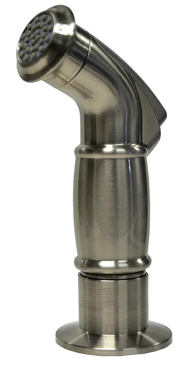 Brushed nickel side spray with matching guide and thumb trigger