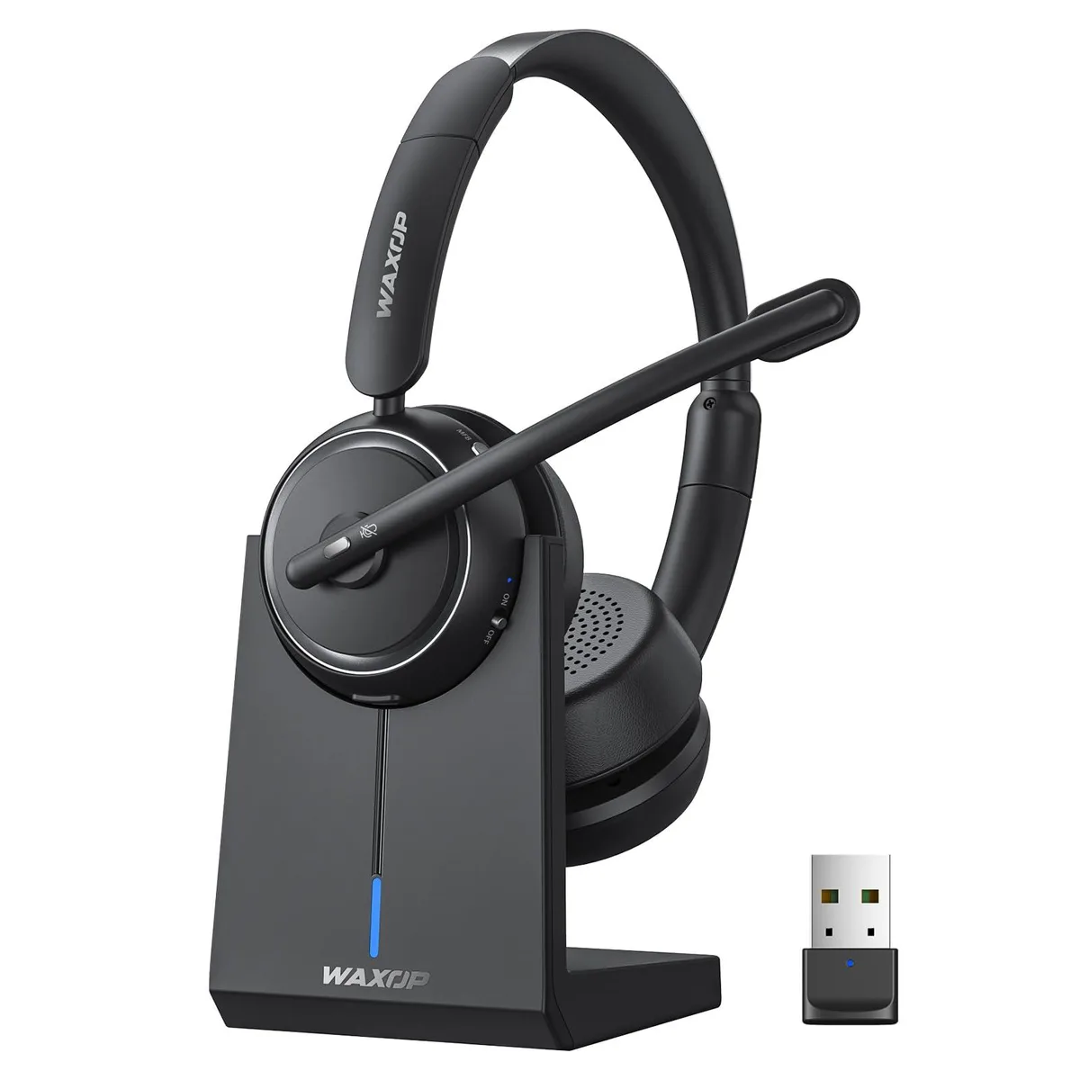 Black on-ear Bluetooth 5.2 headset with charging base and USB dongle
