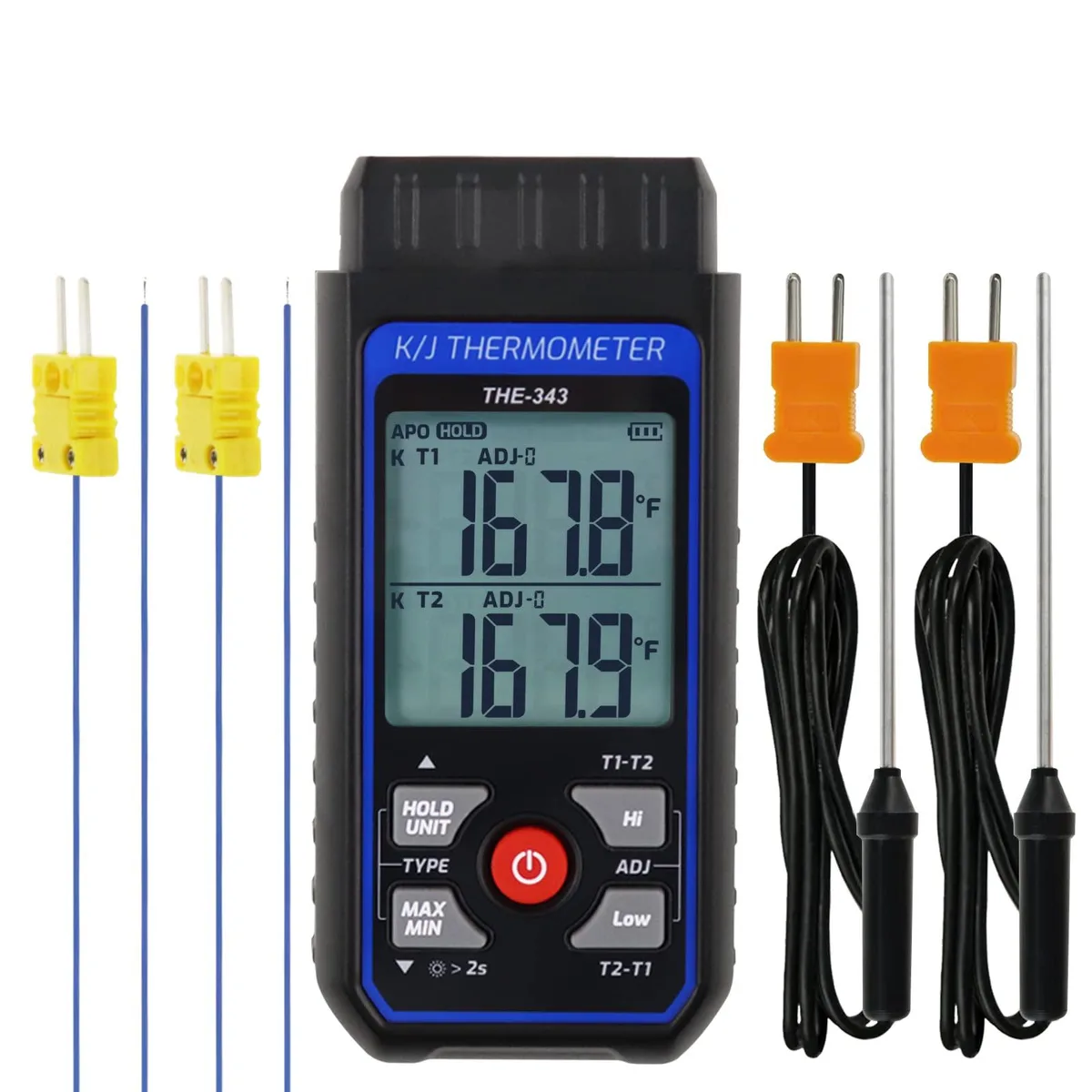 Black handheld digital thermometer with LCD screen and four probes attached