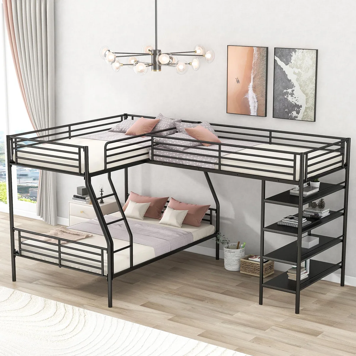 tuphen tuphen L-Shaped Twin over Full Bunk &amp; Loft Bed with 4 Shelves Black — product photo