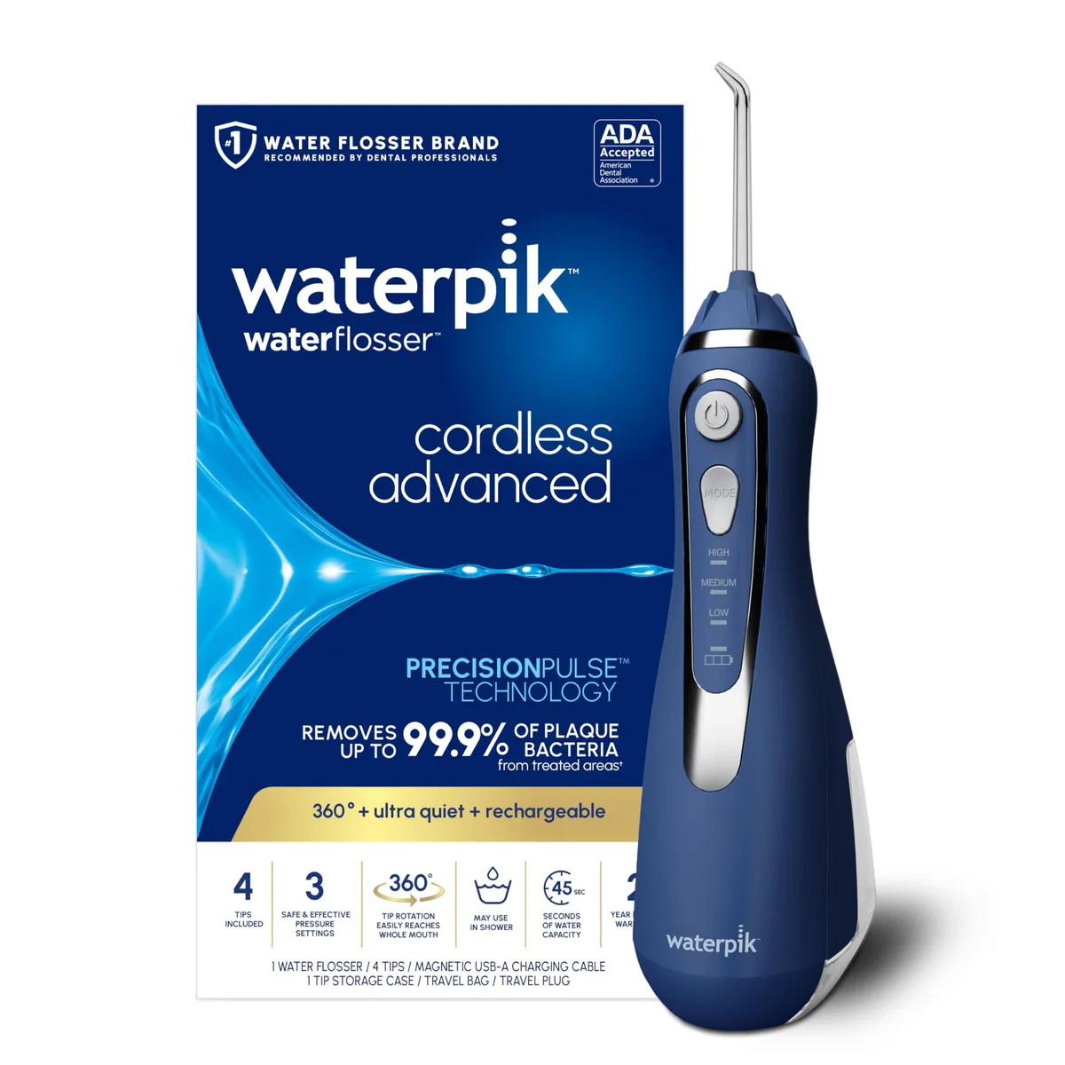 Blue cordless water flosser with removable reservoir and magnetic charger