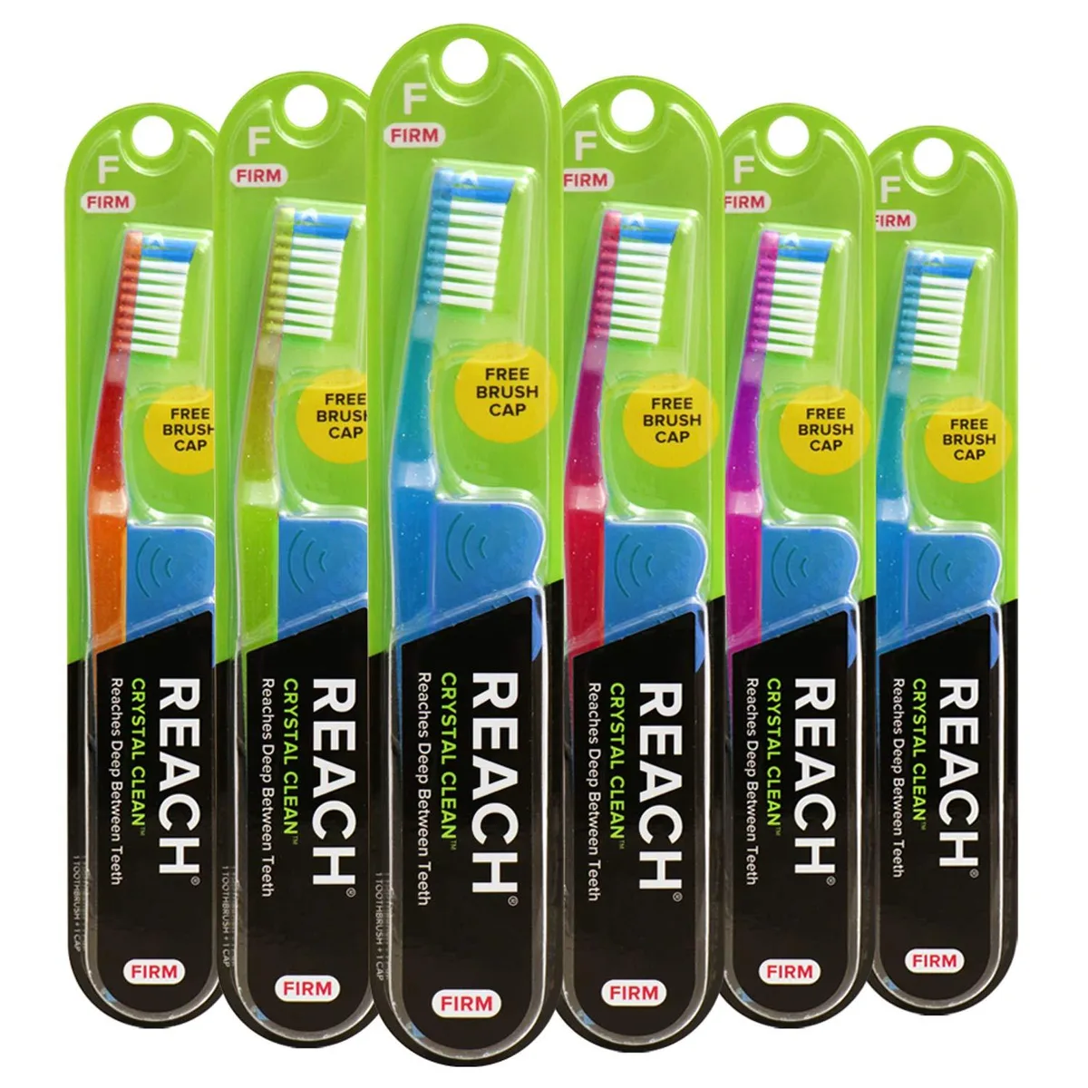 Six firm-bristle manual toothbrushes with angled necks and assorted-colour handles