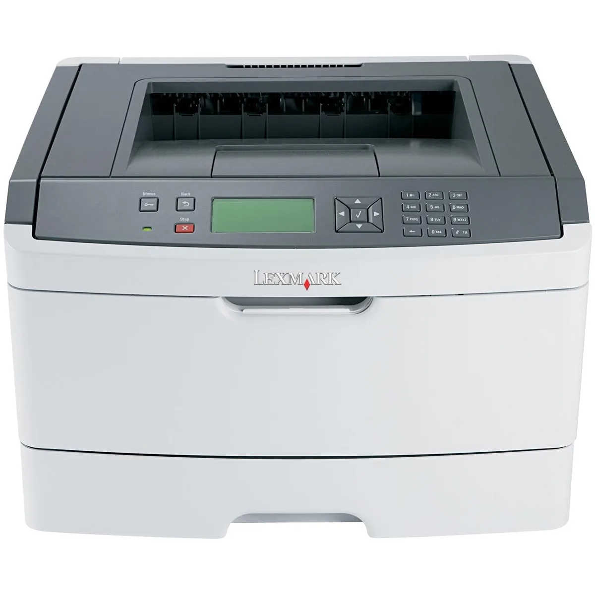 Rectangular grey desktop laser printer with paper trays and control panel