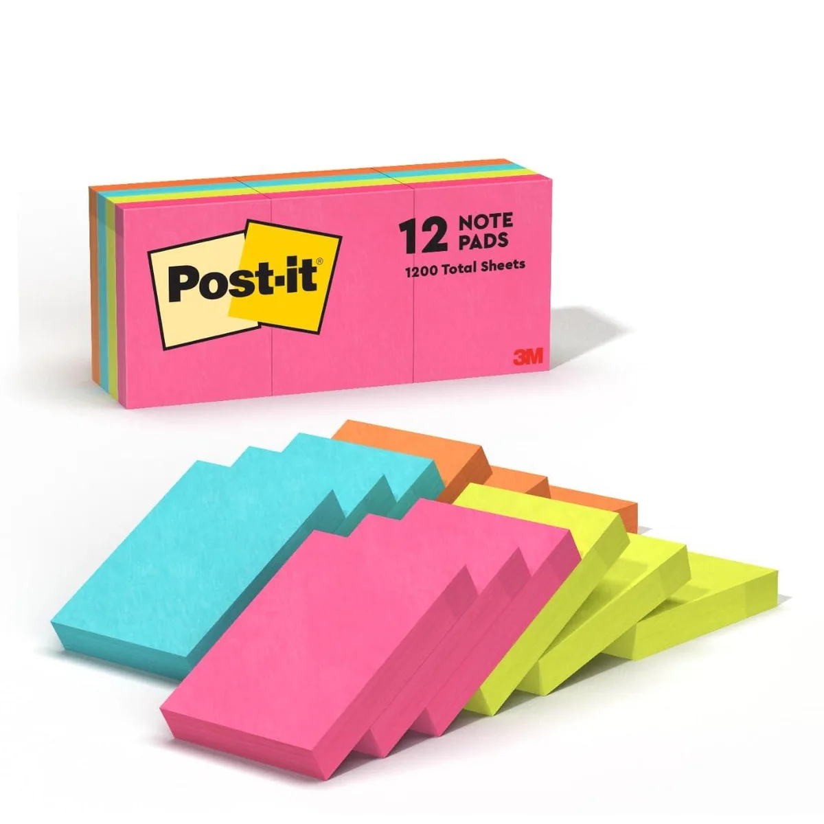 Twelve small square sticky note pads in bright orange pink lime and aqua colours