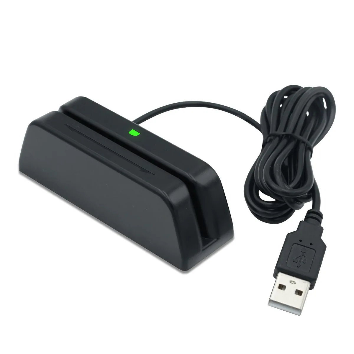 Black USB magnetic stripe card reader, model MSR123, reads three tracks