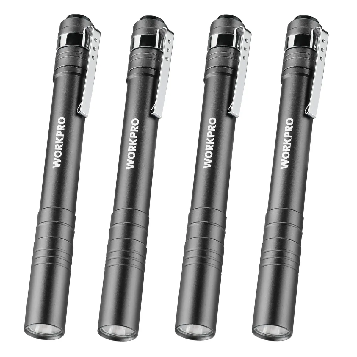 Four gray aluminum penlights with pocket clips, each 12.7 cm long and 30 grams